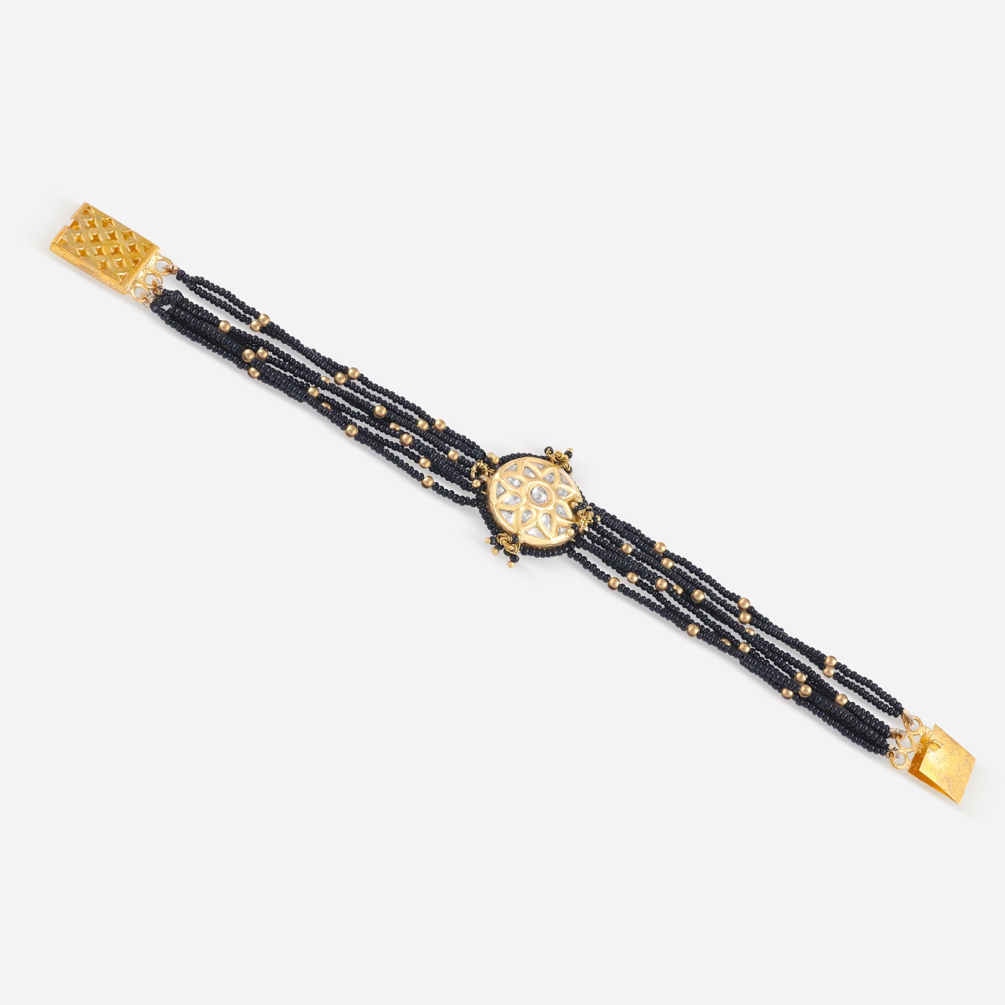 Traditional Black Bead Mangalsutra Bracelet with Gold Floral Motif
