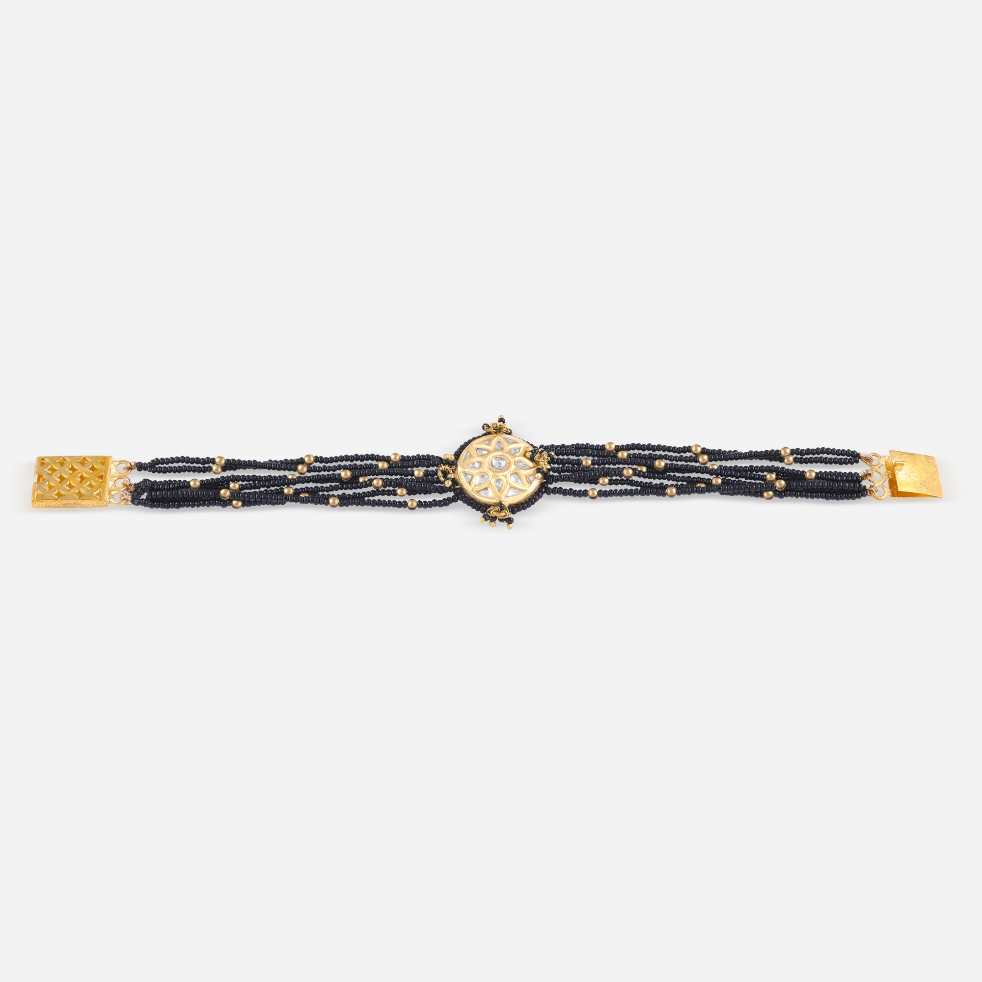 Traditional Black Bead Mangalsutra Bracelet with Gold Floral Motif