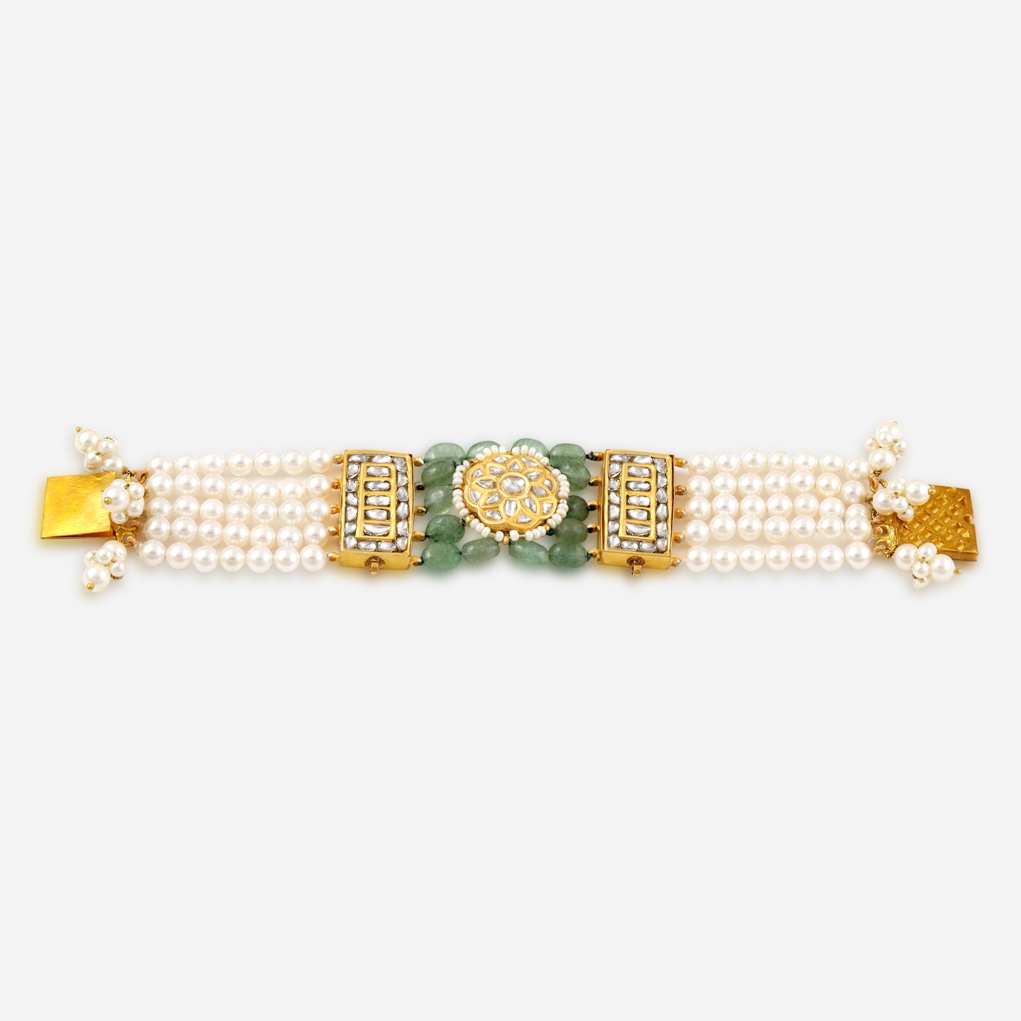 Pearl and Polki Green Gemstone Gold Bracelet