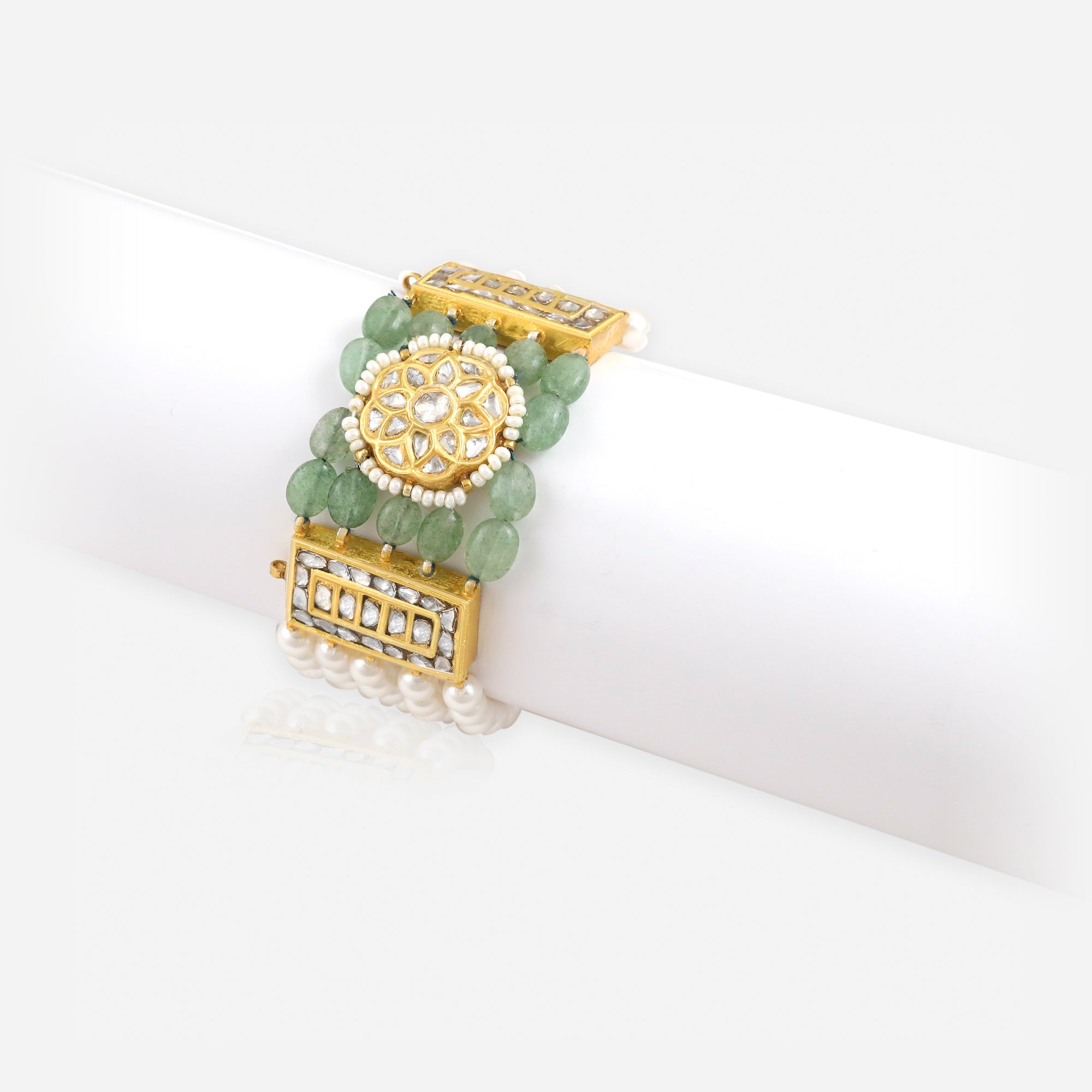 Pearl and Polki Green Gemstone Gold Bracelet