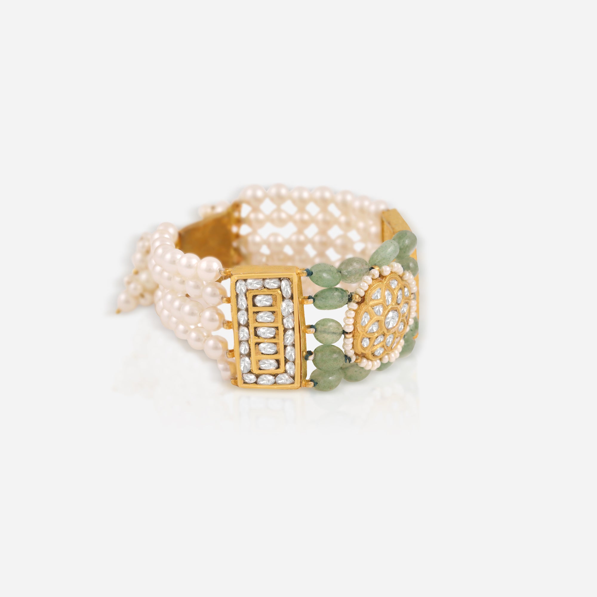 Pearl and Polki Green Gemstone Gold Bracelet