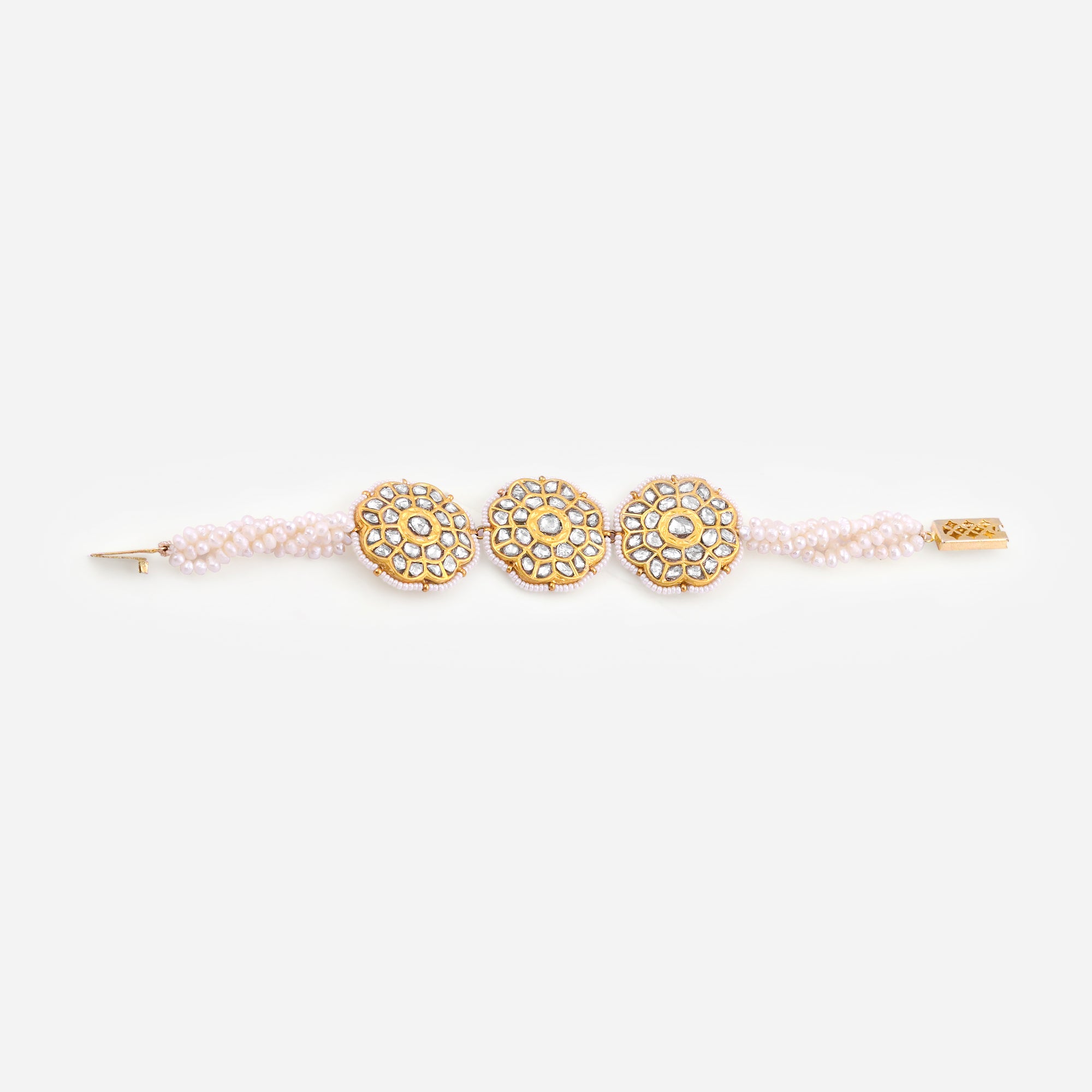 Triple Kundan Floral Pearl Bracelet