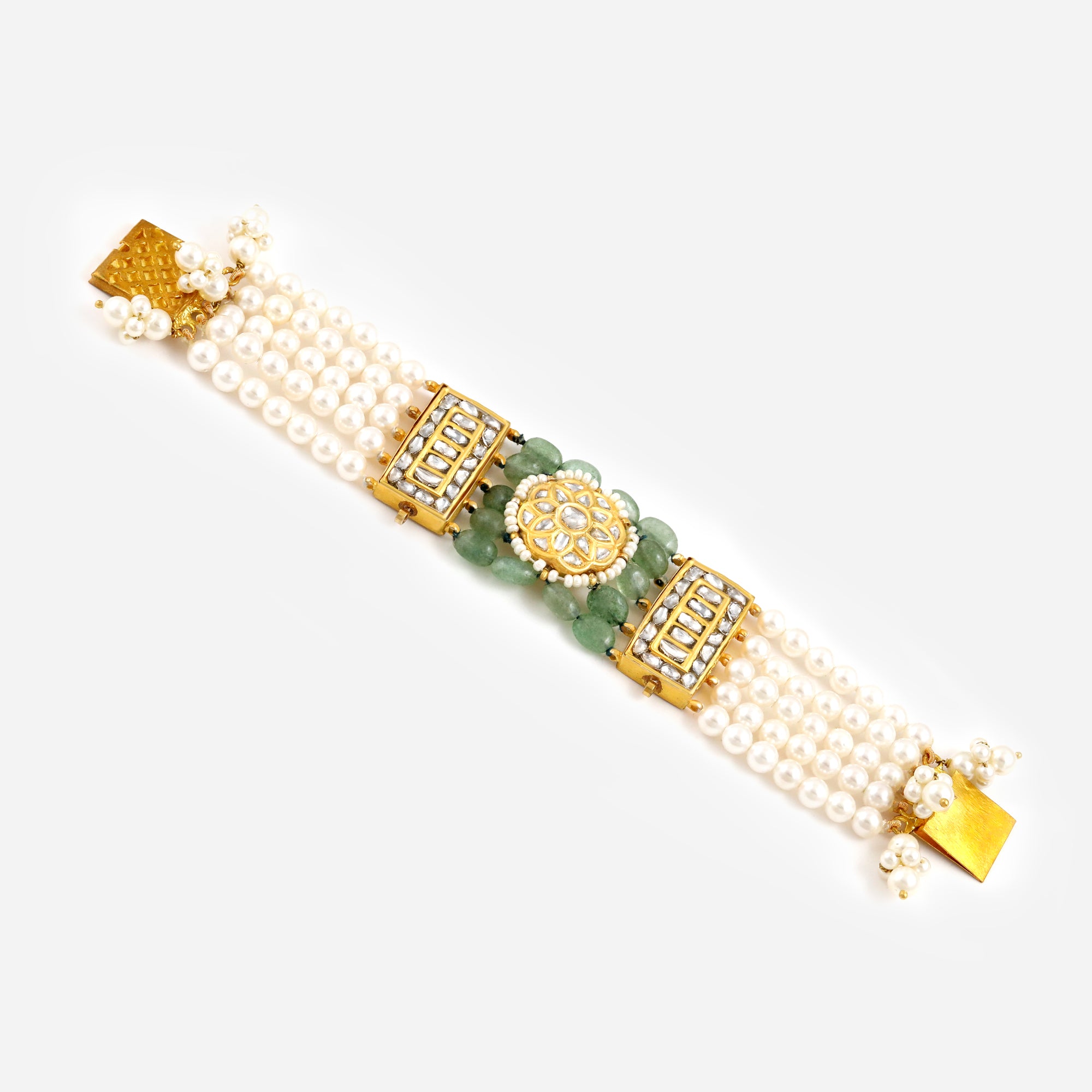 Pearl and Polki Green Gemstone Gold Bracelet