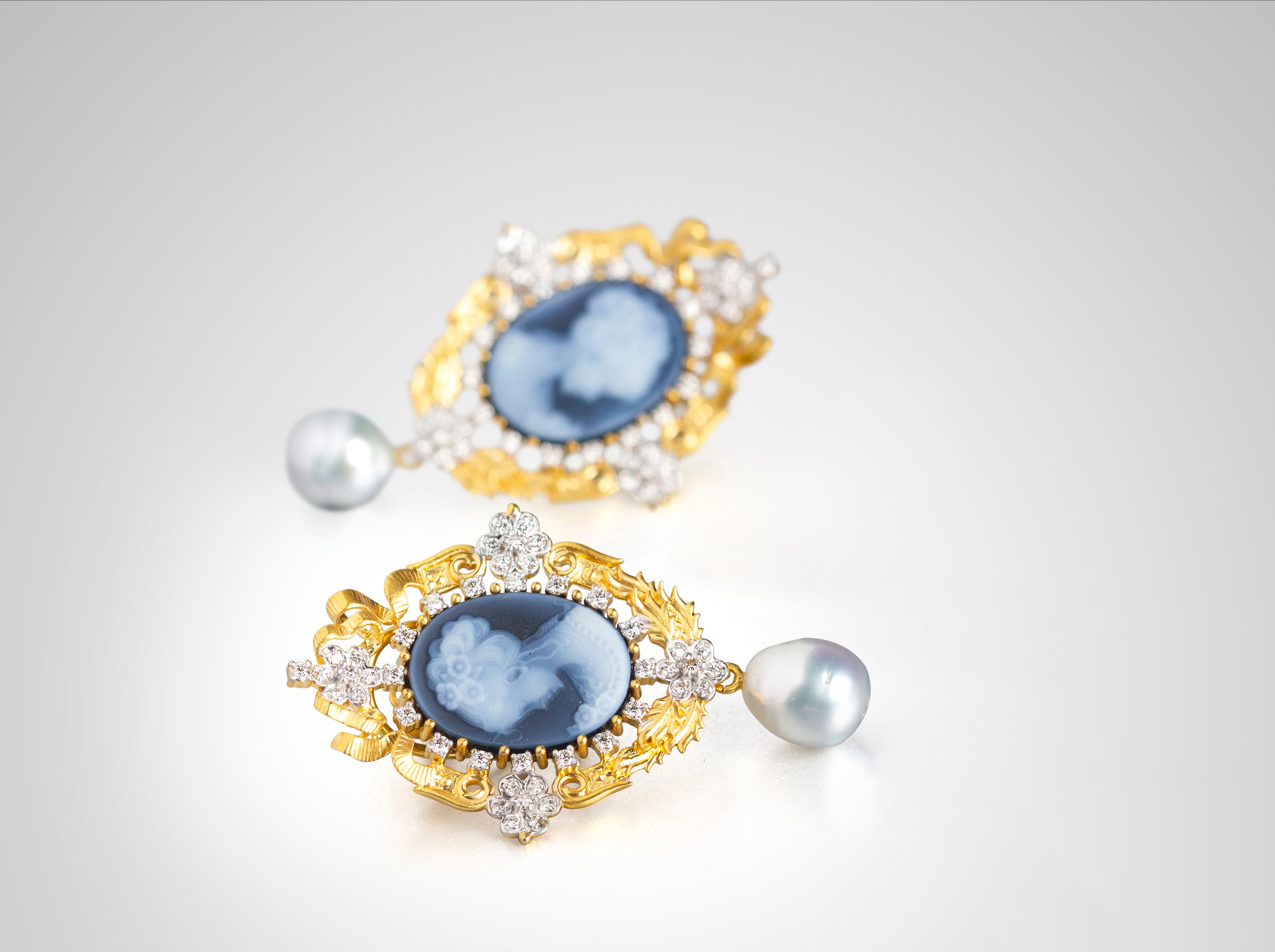 Victorian Blue Cameo Pearl Drop Earrings