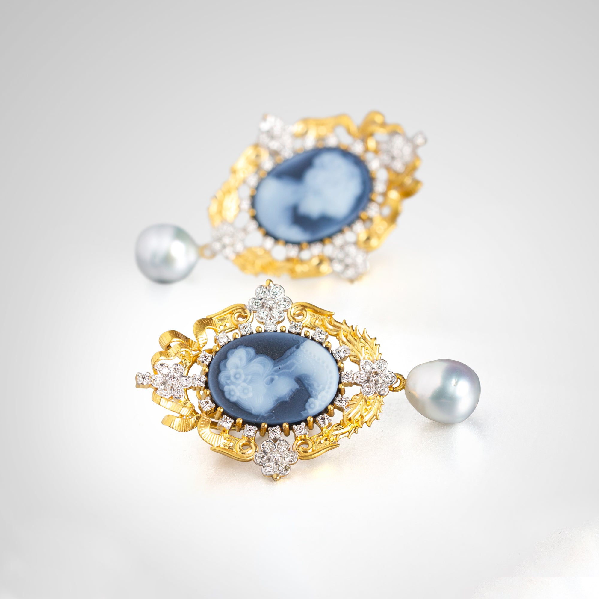 Victorian Blue Cameo Pearl Drop Earrings