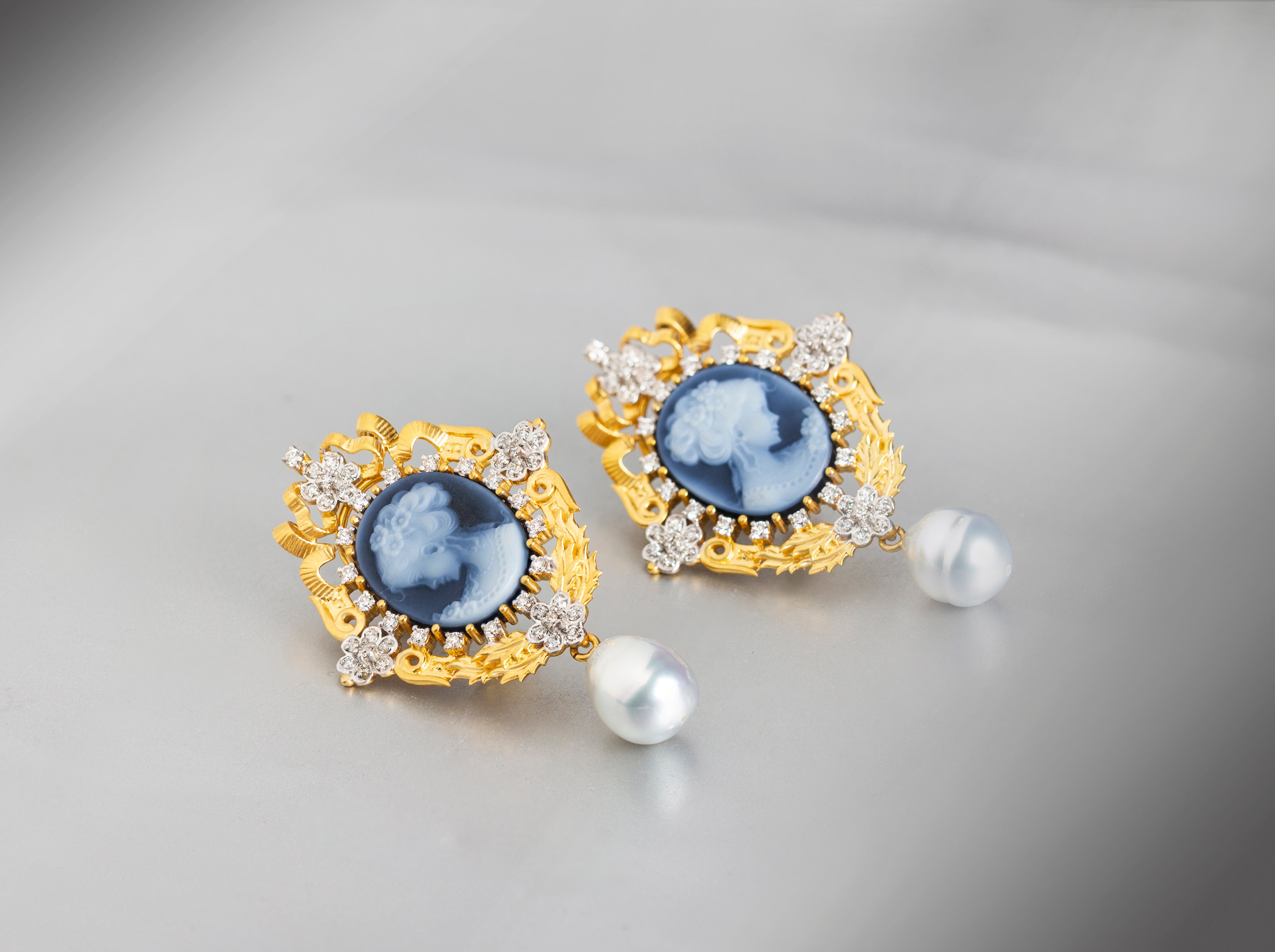 Victorian Blue Cameo Pearl Drop Earrings