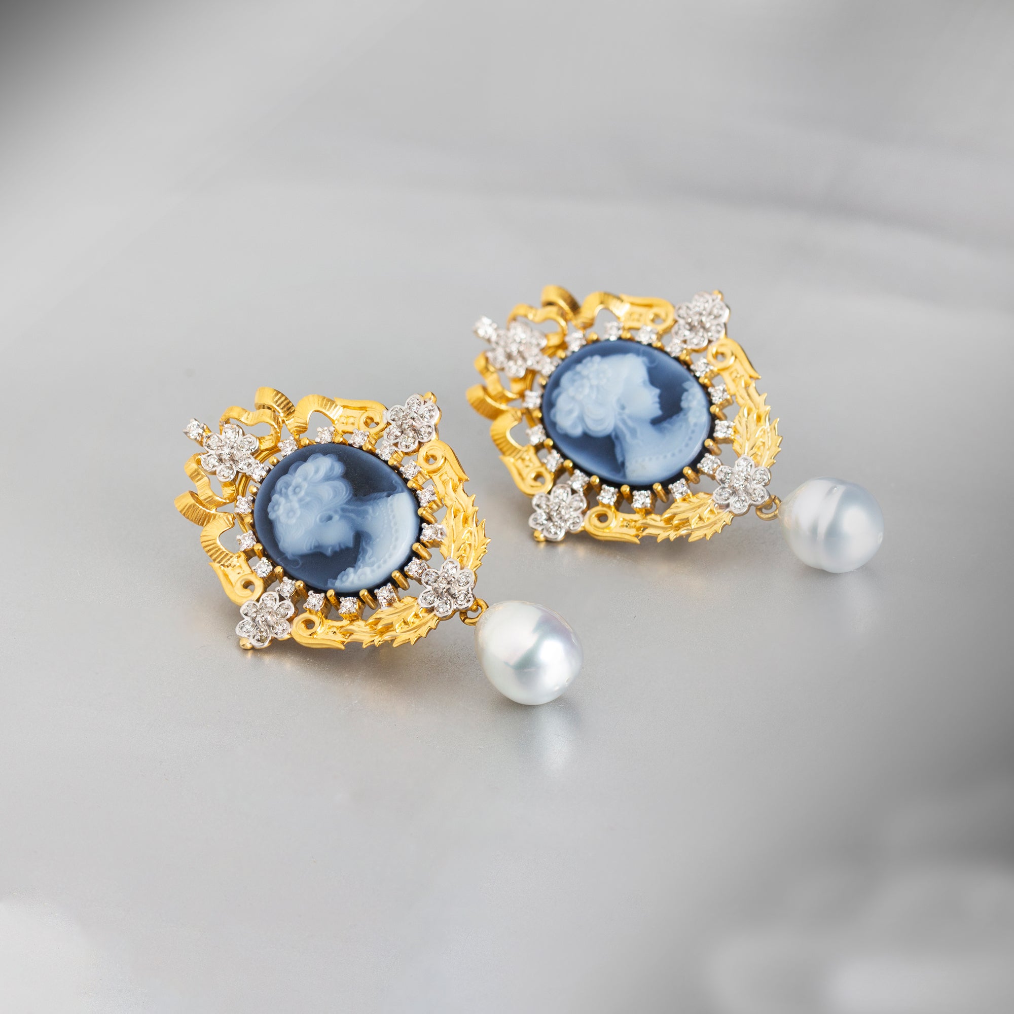 Victorian Blue Cameo Pearl Drop Earrings