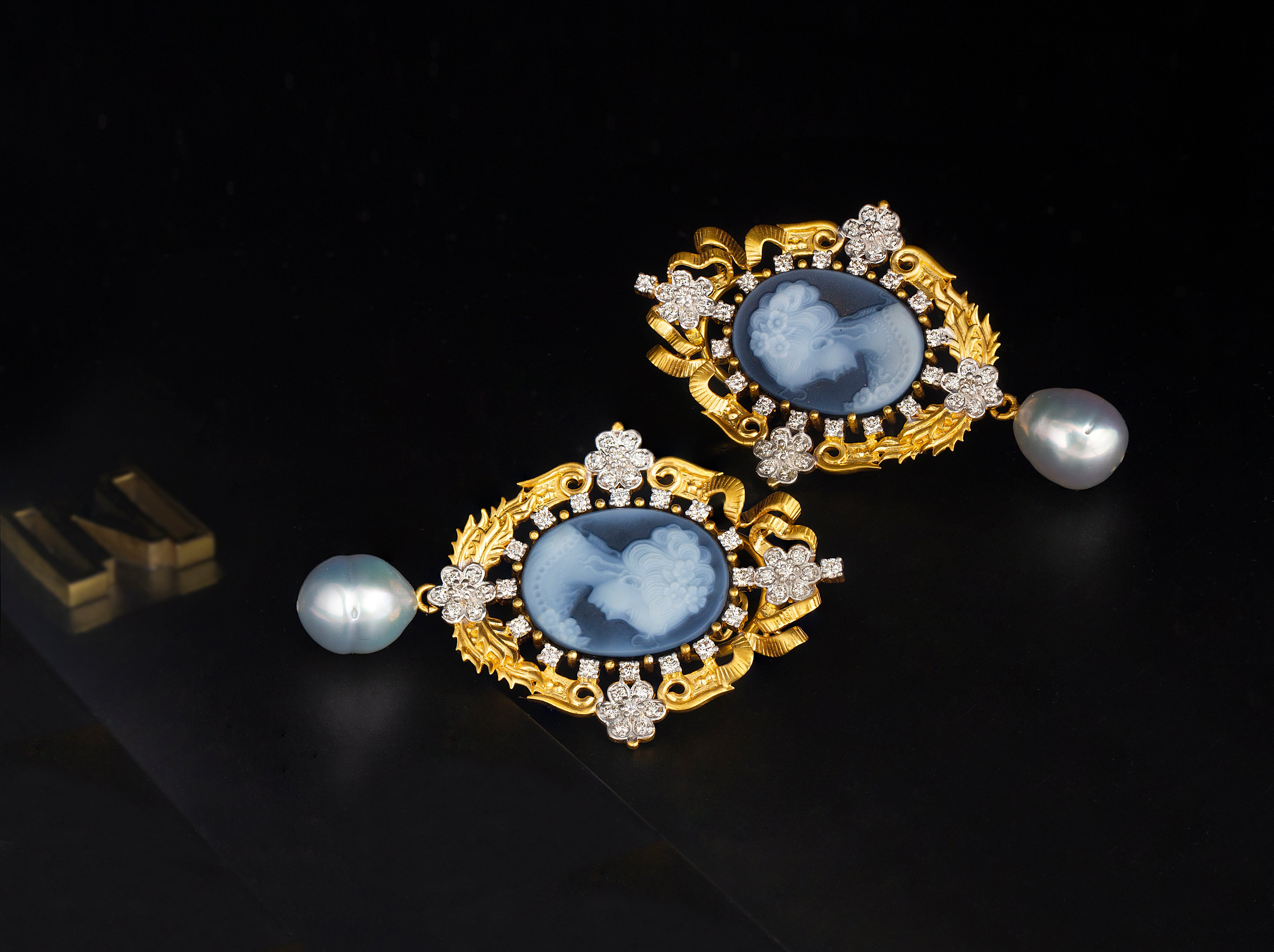 Victorian Blue Cameo Pearl Drop Earrings