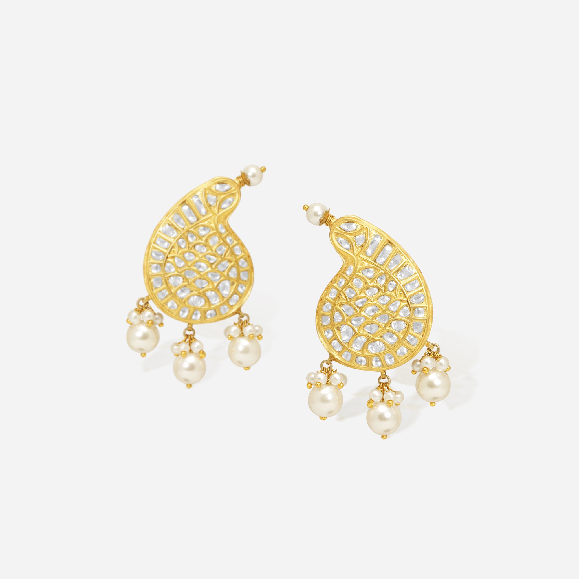 Golden Paisley Pearl Kundan Earrings