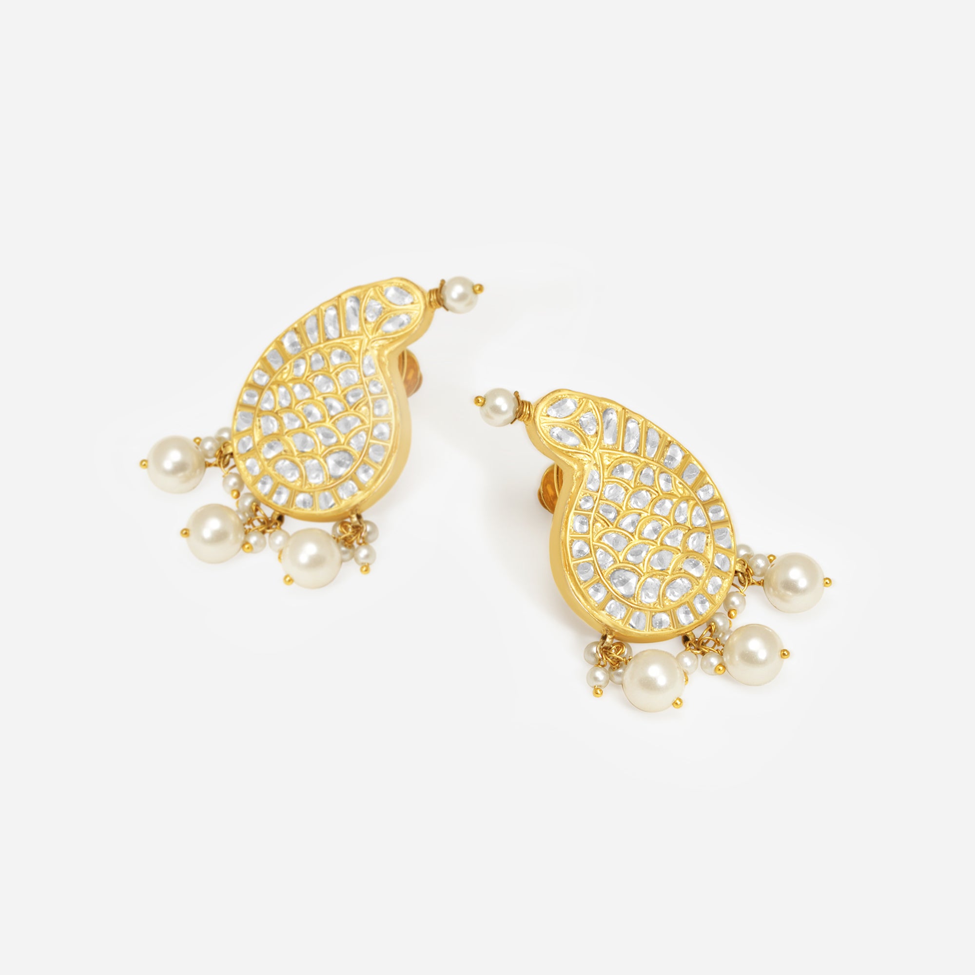 Golden Paisley Pearl Kundan Earrings