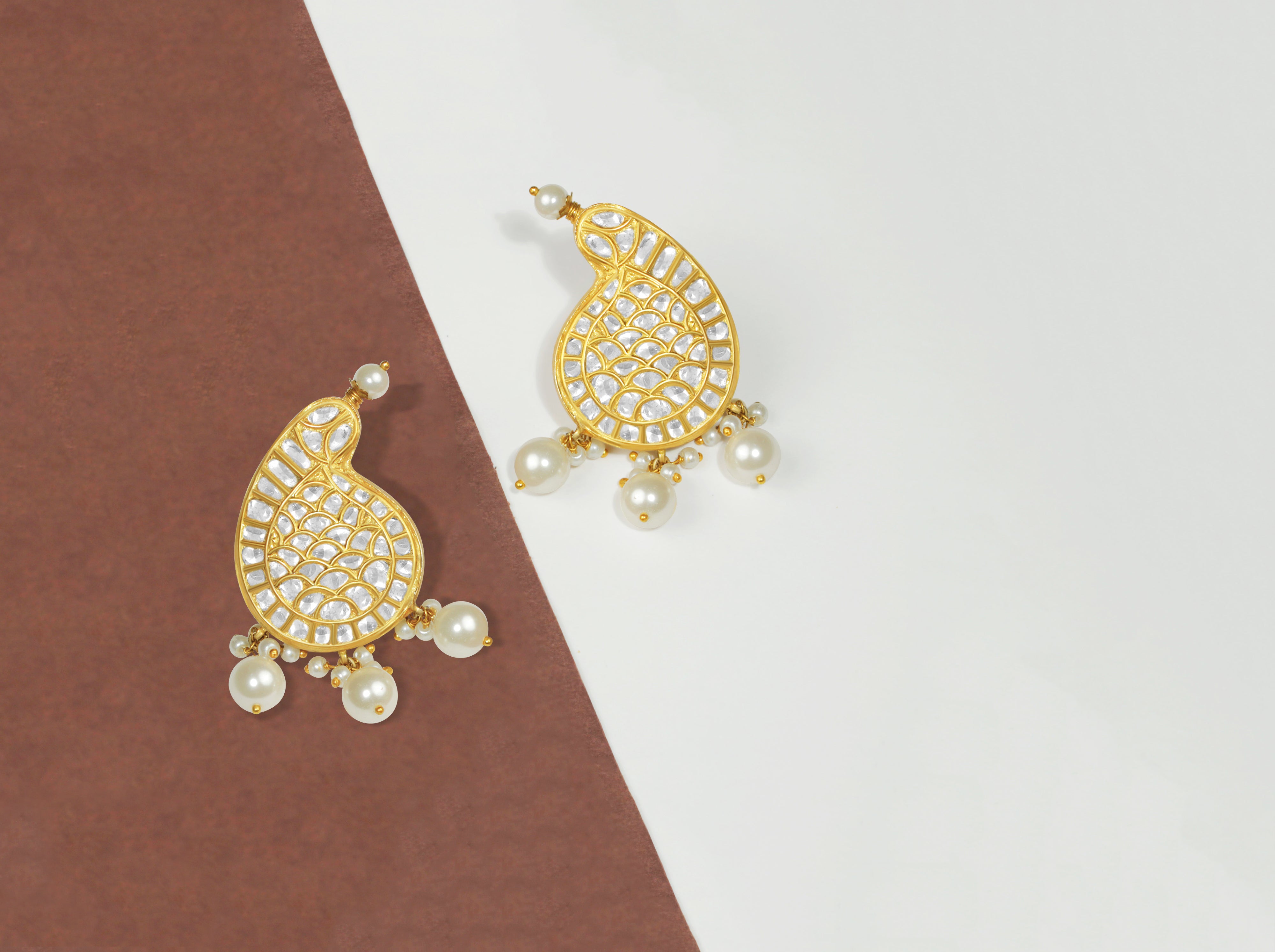 Golden Paisley Pearl Kundan Earrings