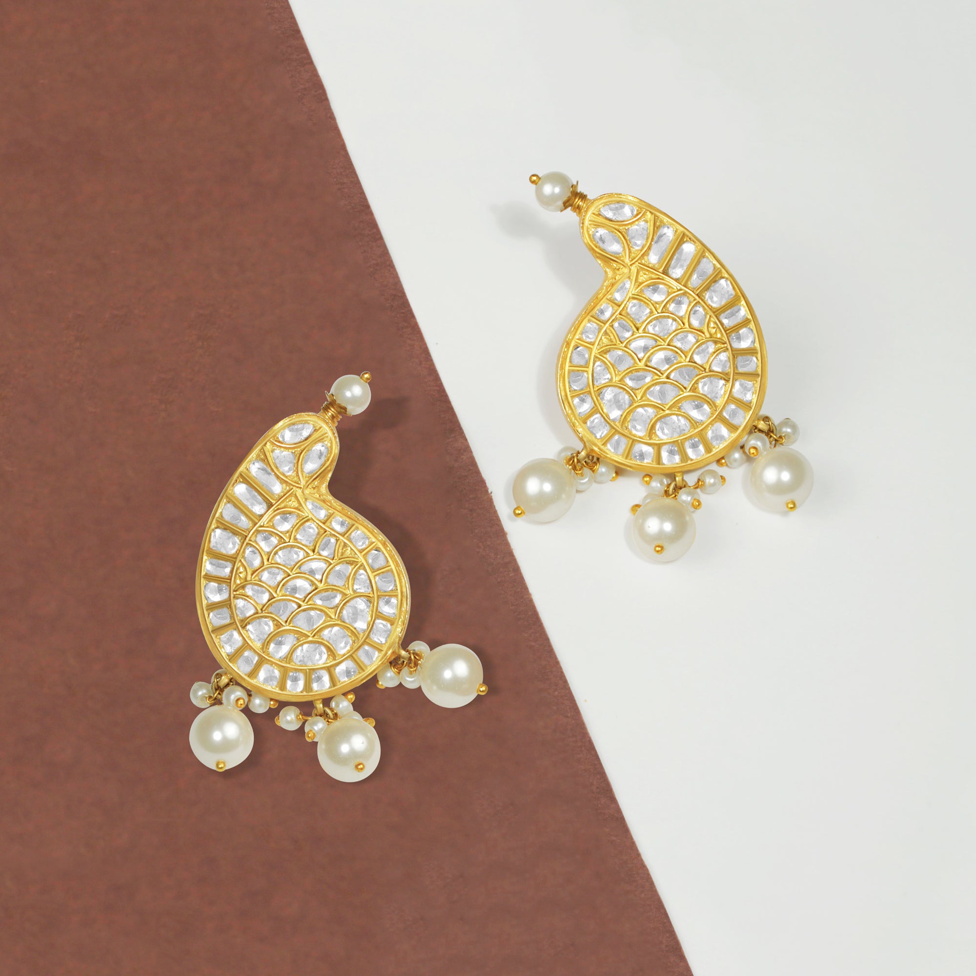 Golden Paisley Pearl Kundan Earrings