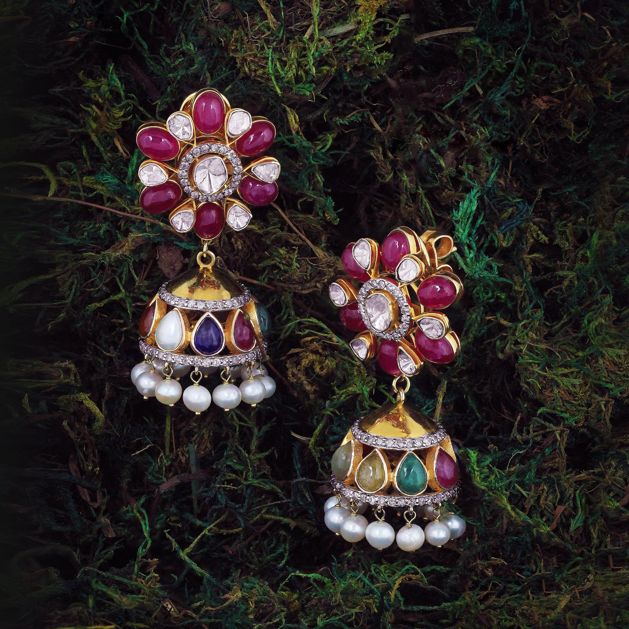 Navratna Jadau Kundan Jhumka Earrings