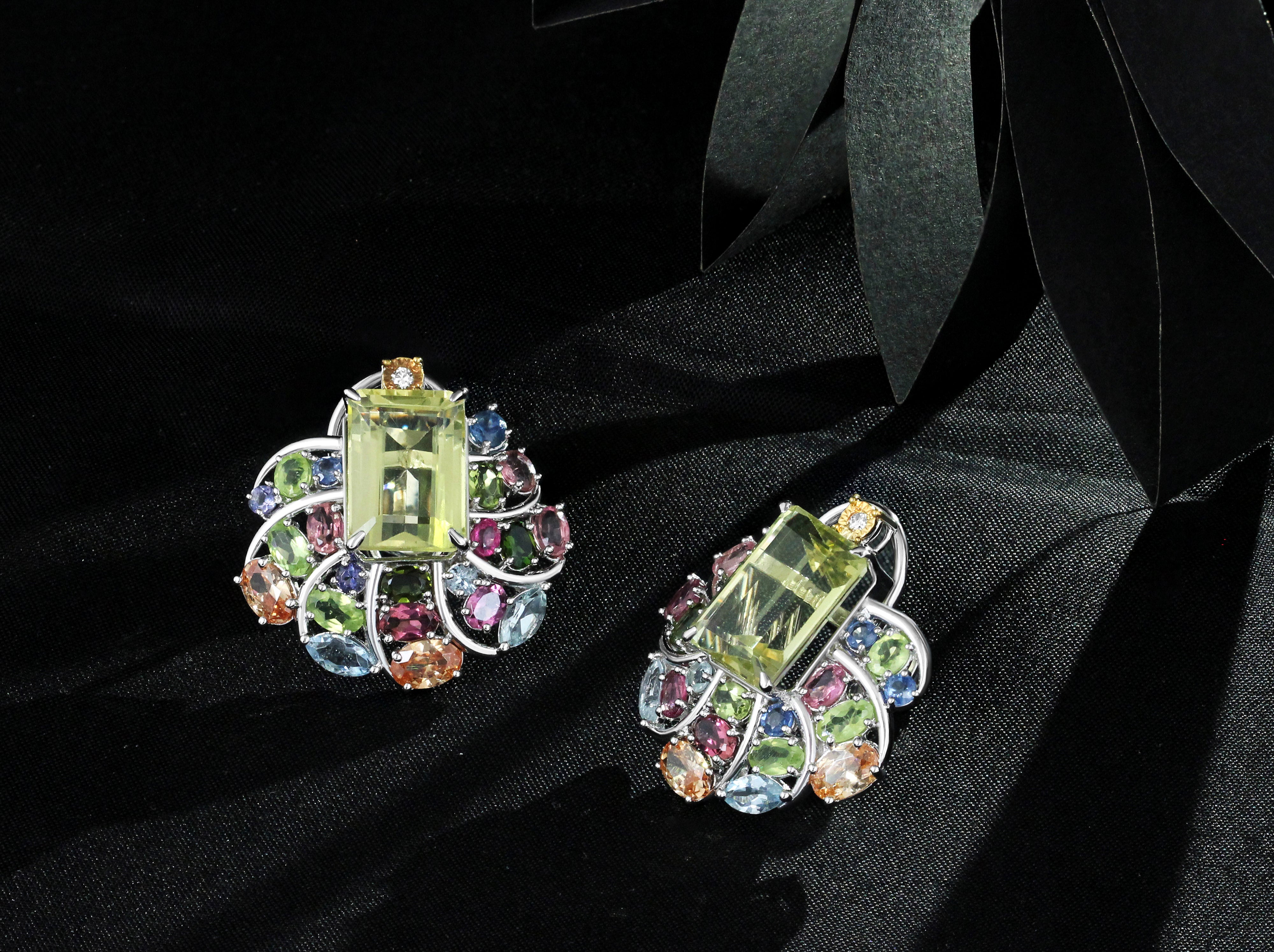 Vibrant Yellow Beryl & Multicolor Gemstone Swirl Earrings
