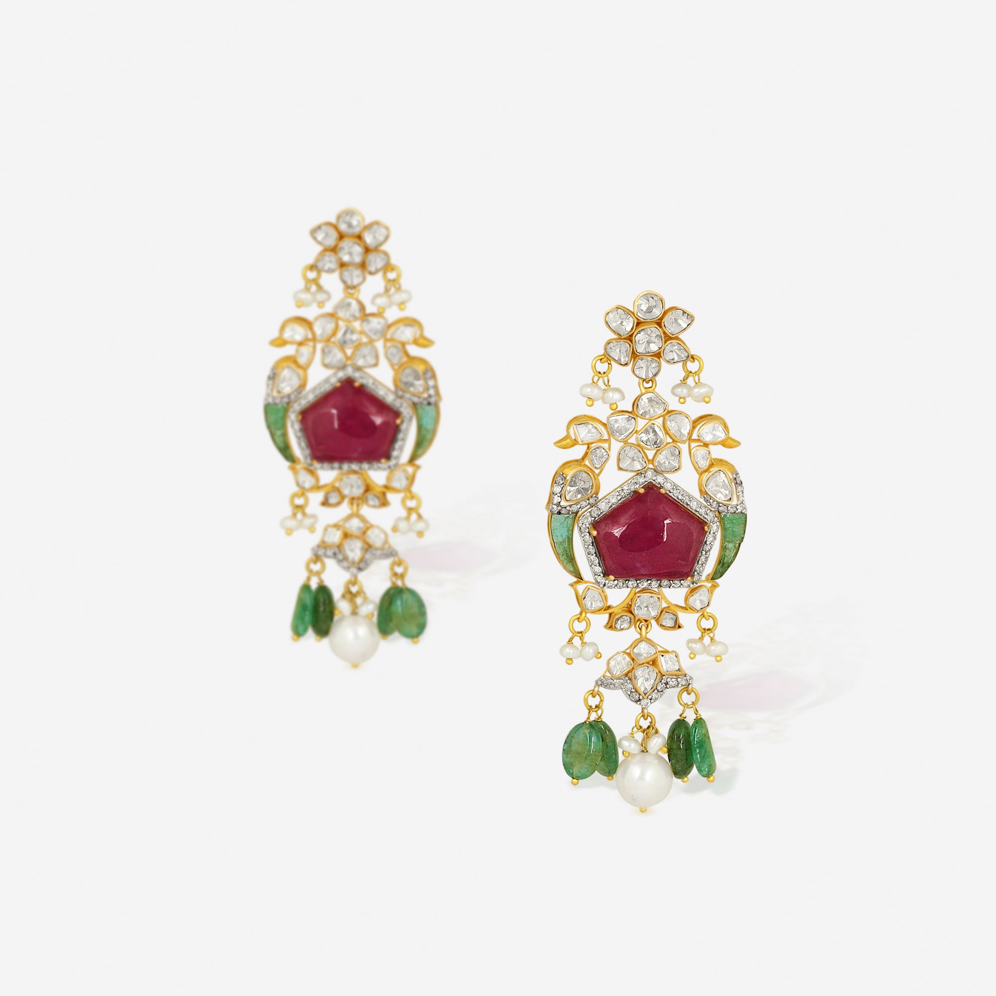 Regal Ruby & Emerald Kundan Drop Earrings