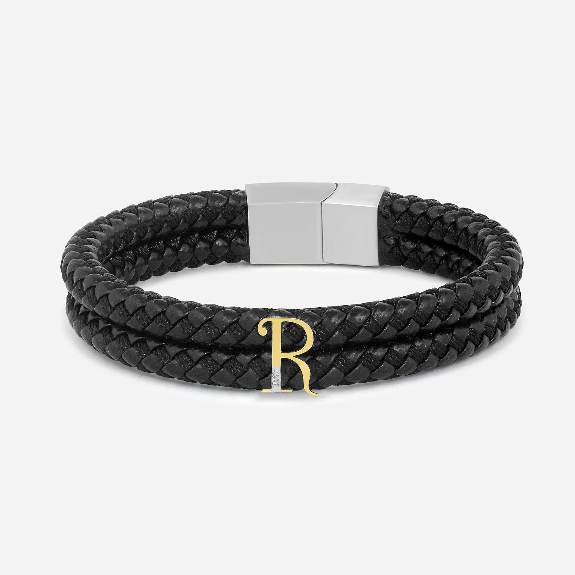Black Braided Leather Initial Bracelet – R