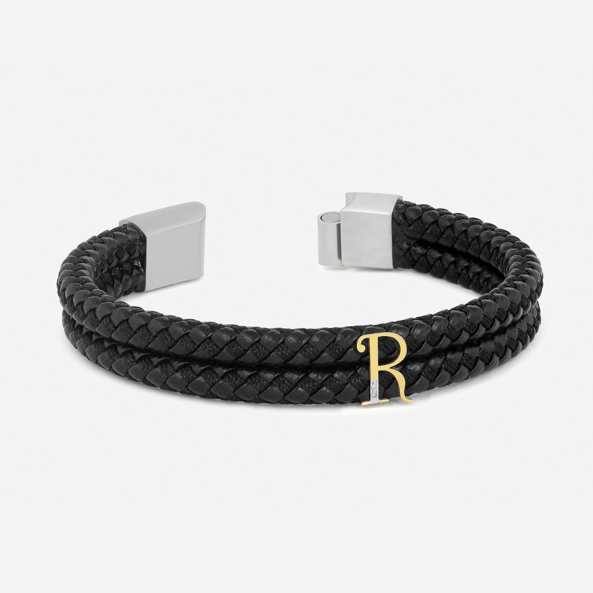 Black Braided Leather Initial Bracelet – R