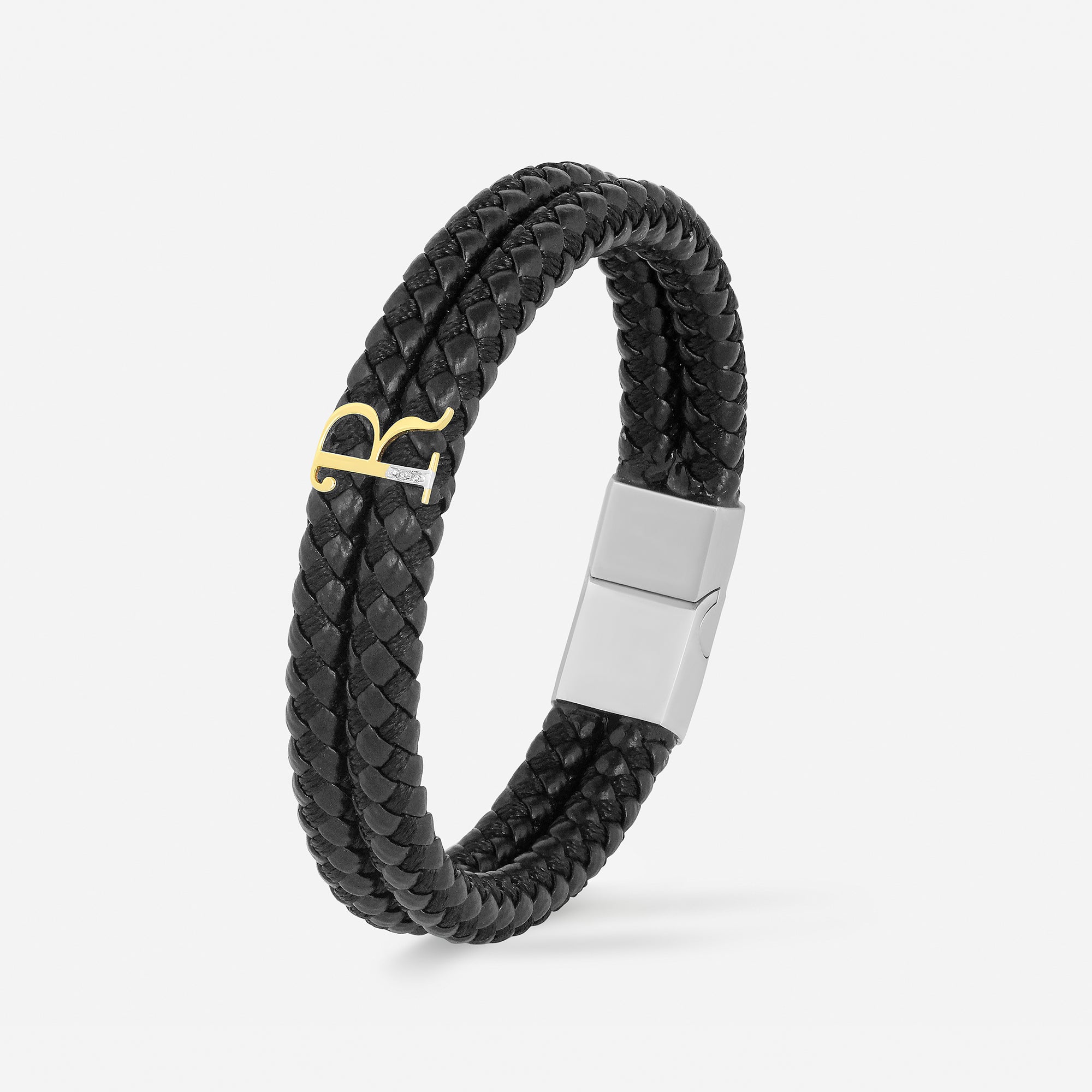 Black Braided Leather Initial Bracelet – R