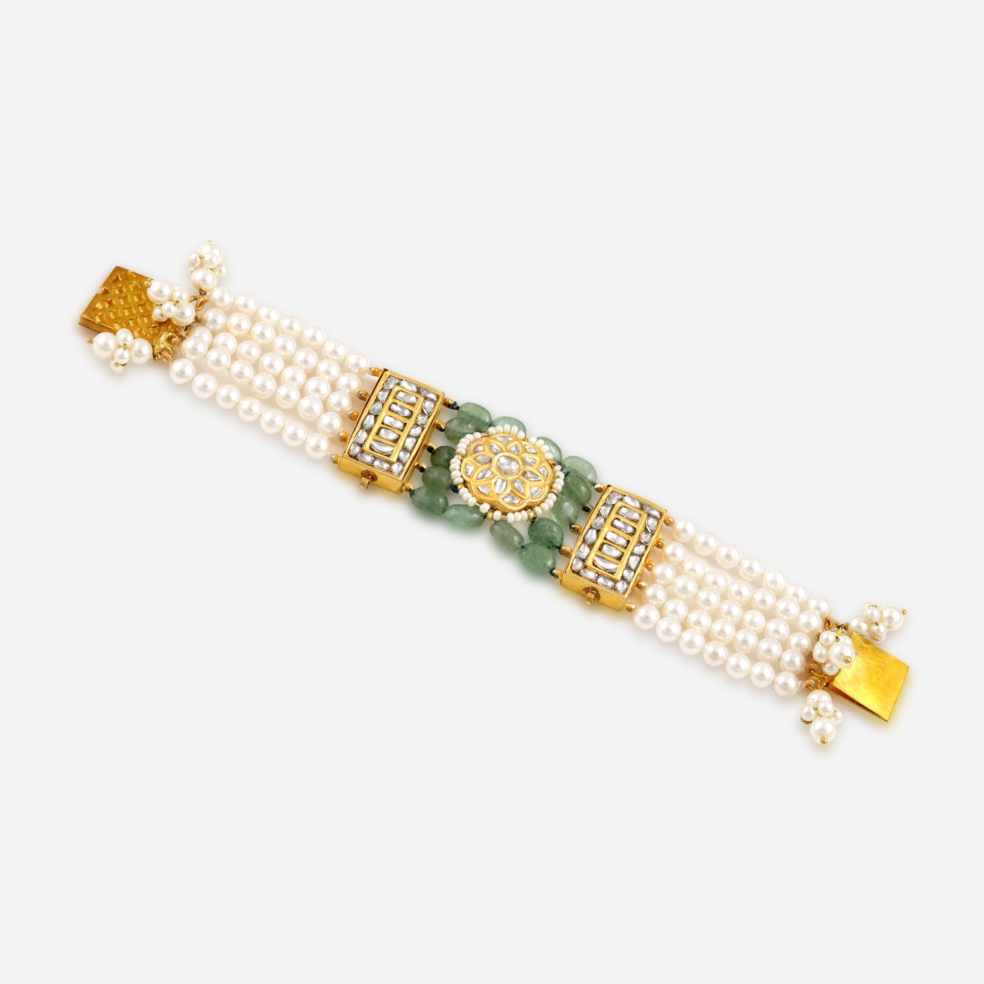 Pearl and Polki Green Gemstone Gold Bracelet