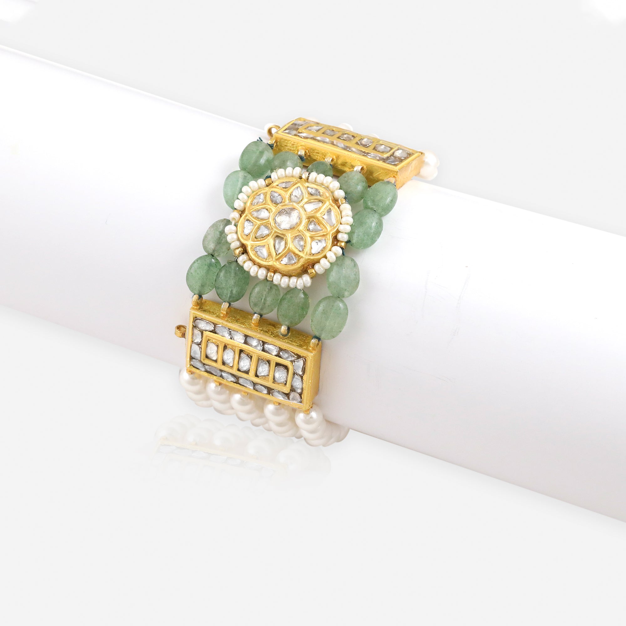 Pearl and Polki Green Gemstone Gold Bracelet