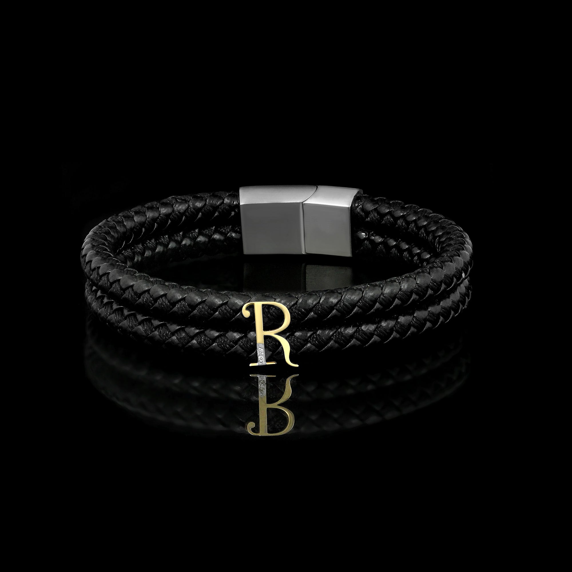 Black Braided Leather Initial Bracelet – R