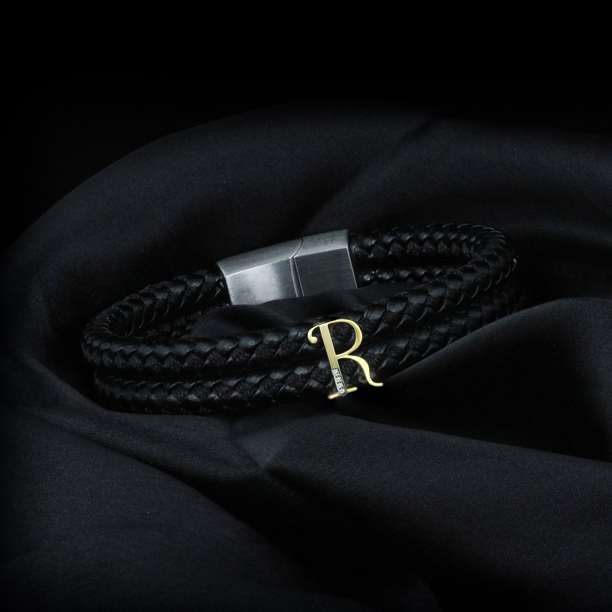 Black Braided Leather Initial Bracelet – R
