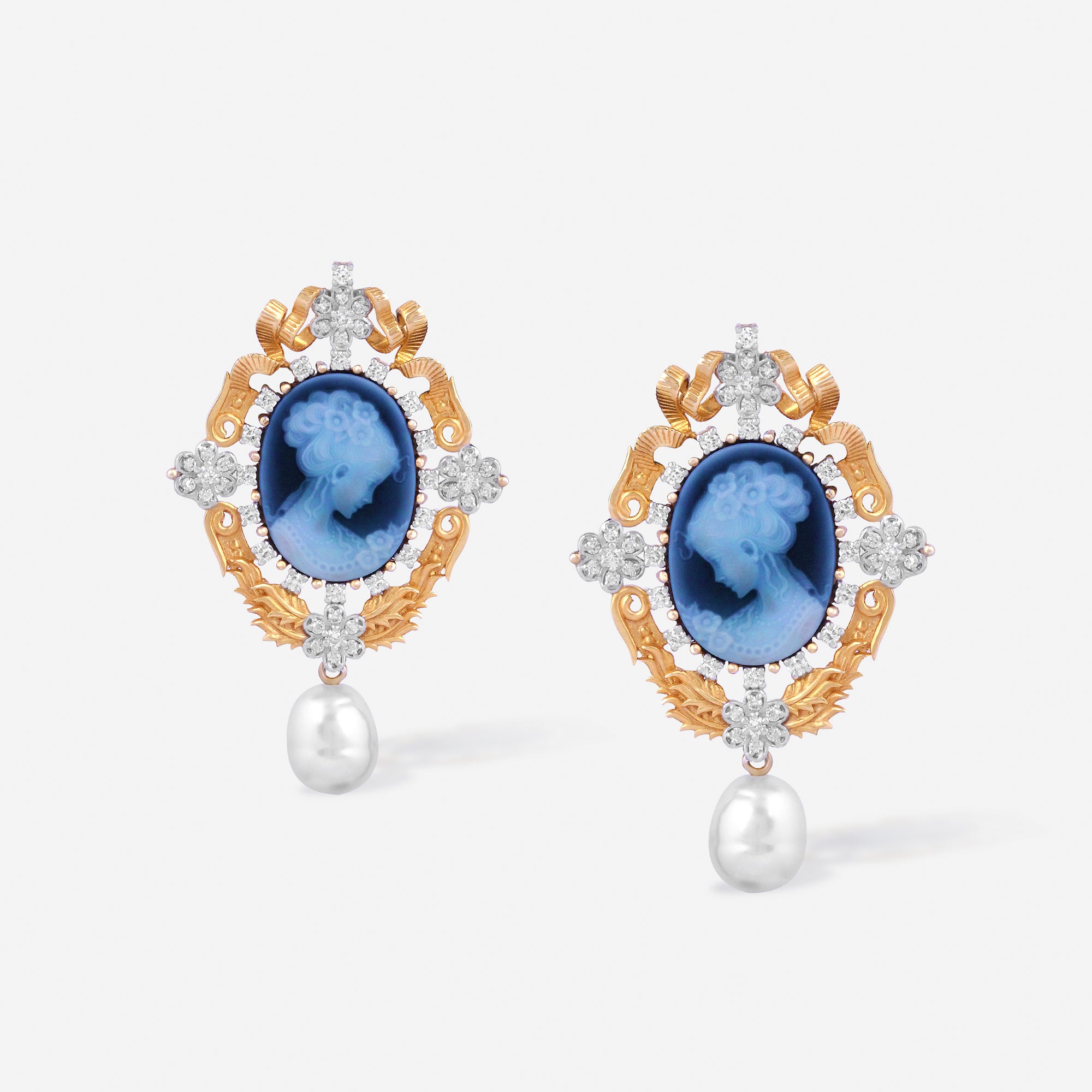 Victorian Blue Cameo Pearl Drop Earrings