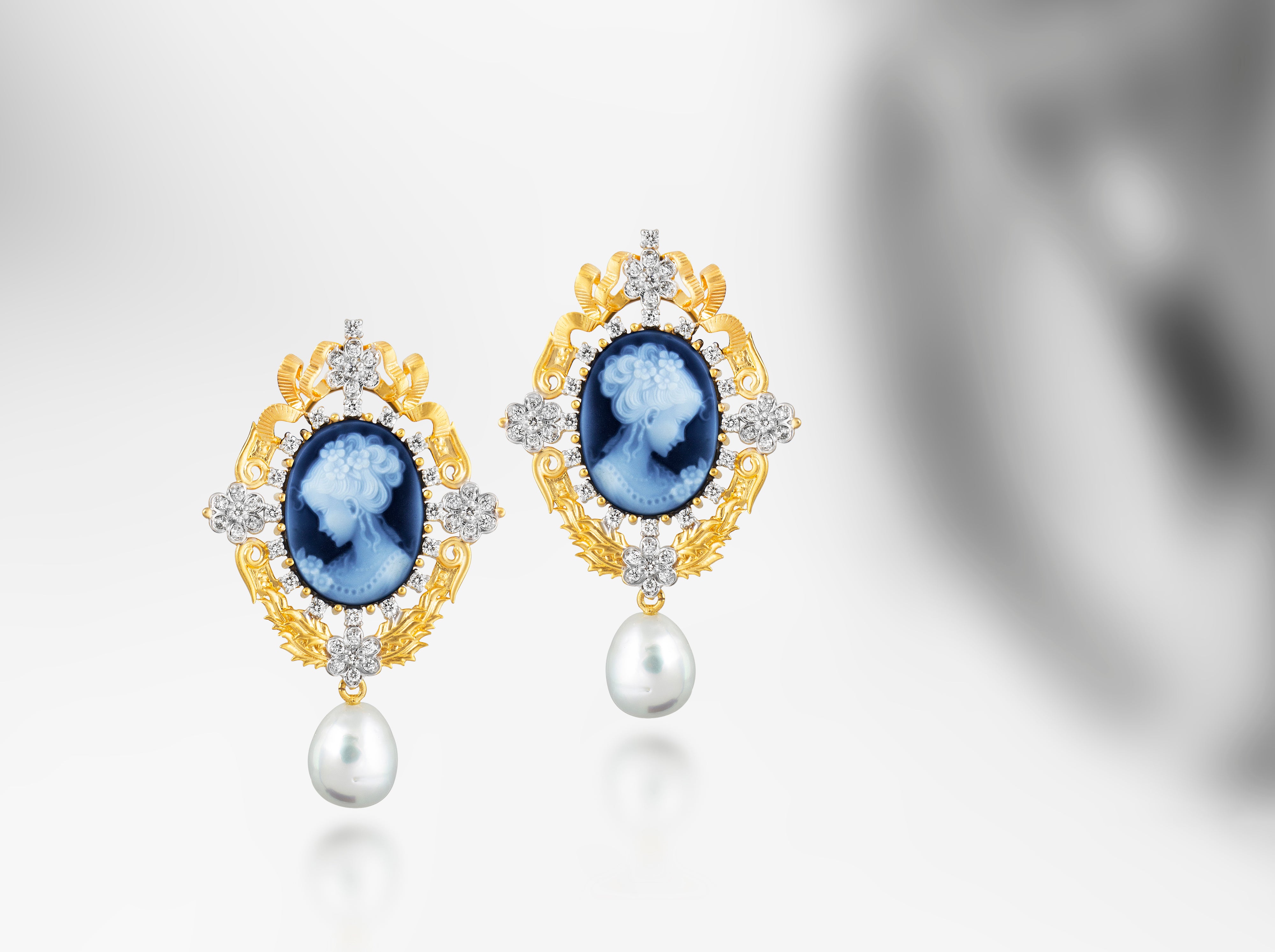 Victorian Blue Cameo Pearl Drop Earrings