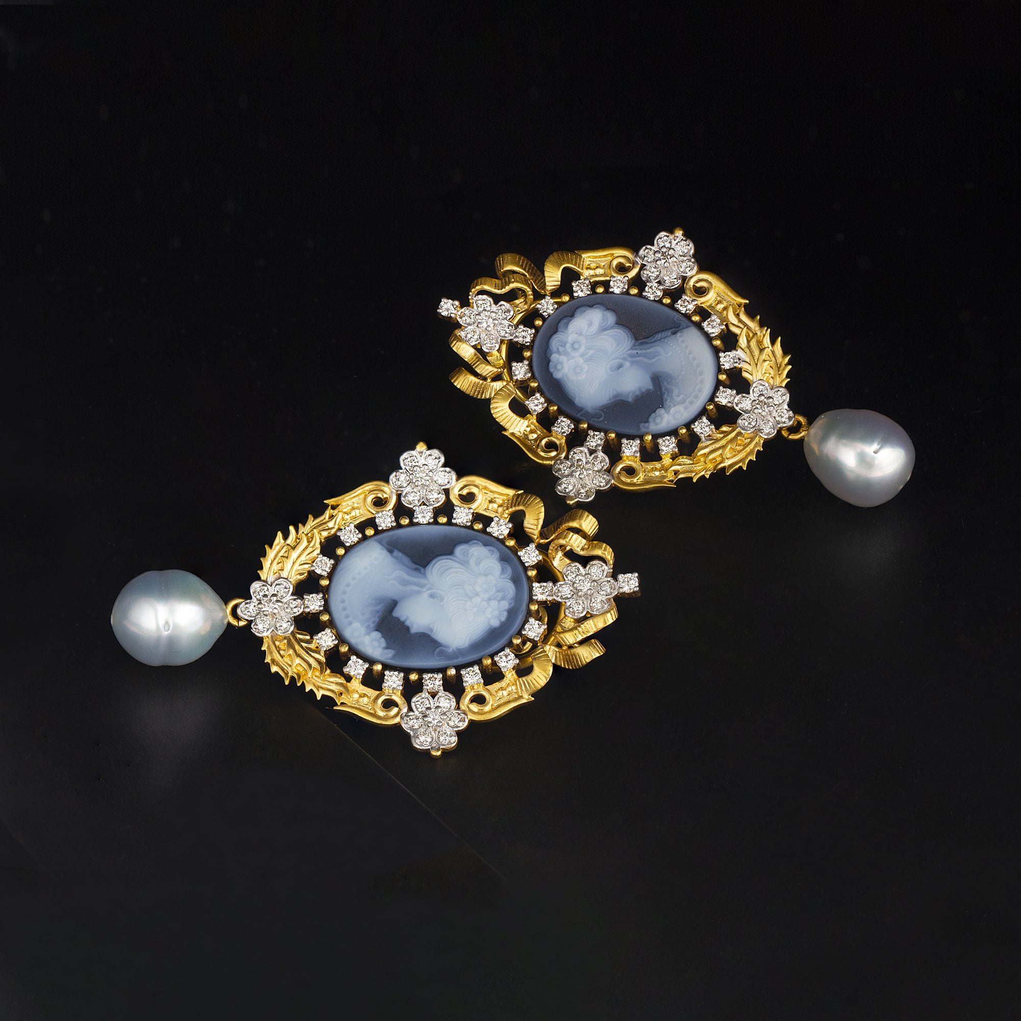 Victorian Blue Cameo Pearl Drop Earrings