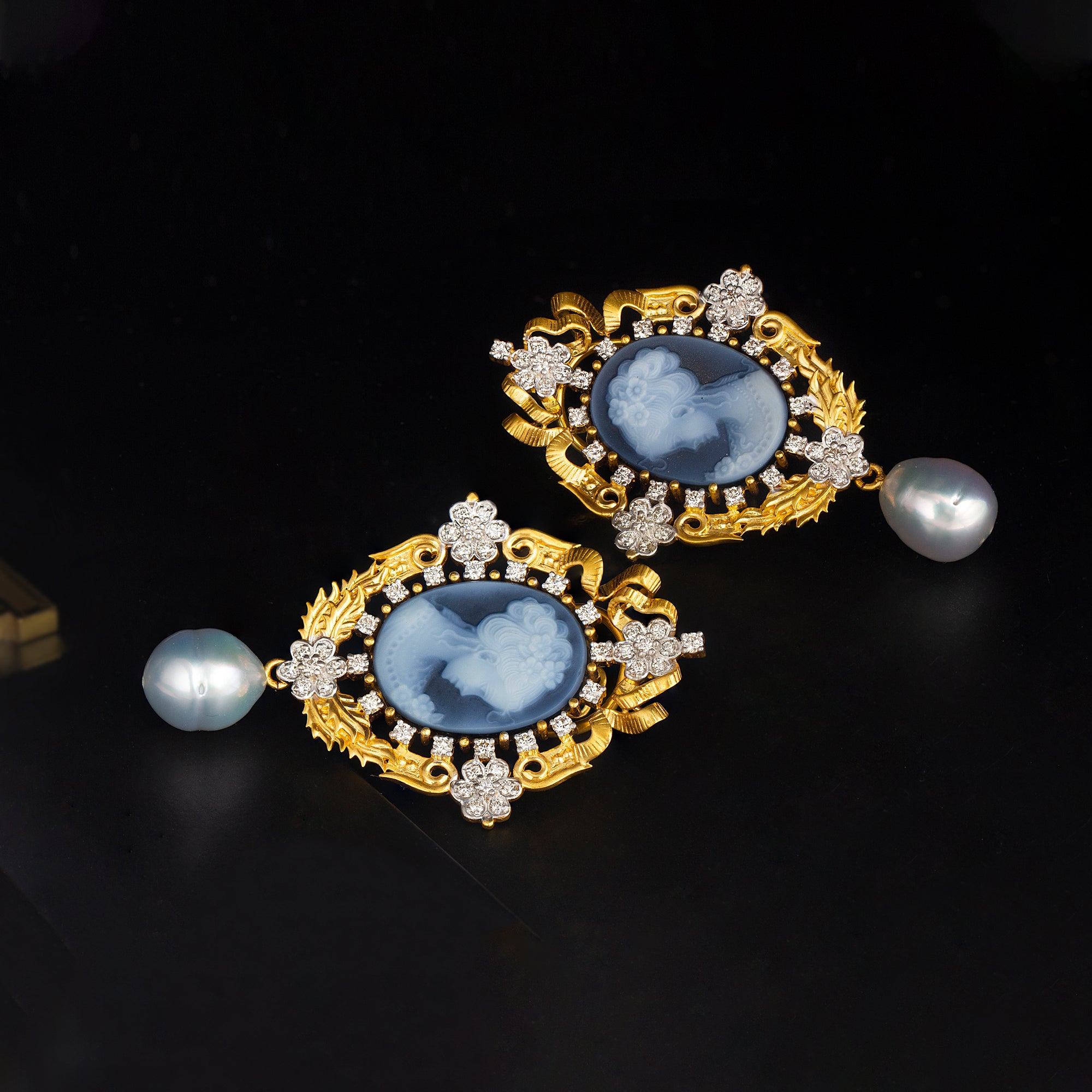 Victorian Blue Cameo Pearl Drop Earrings