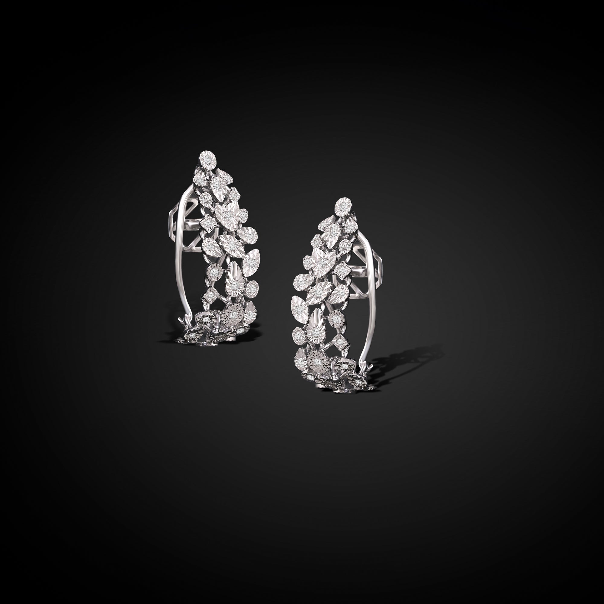 White Gold Diamond Leaf Climber Earrings