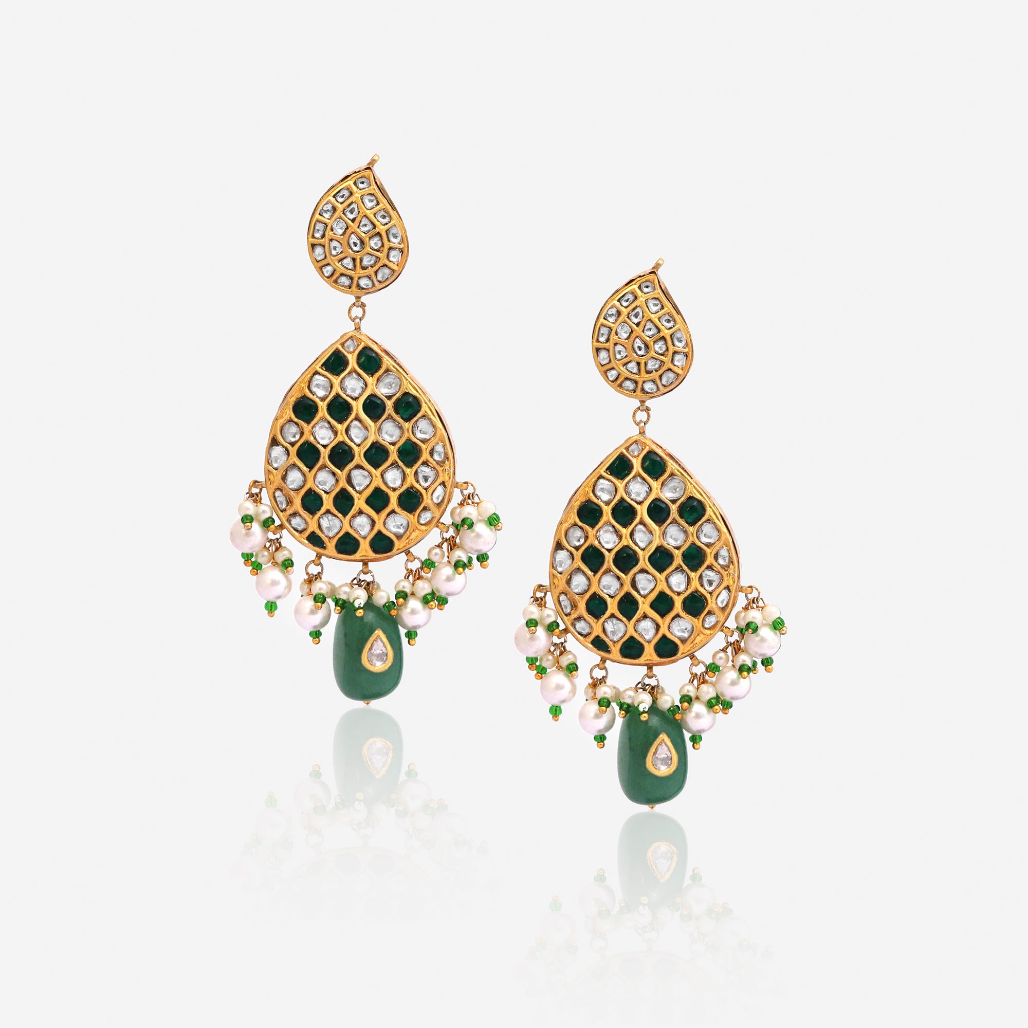 Emerald Lattice Kundan Chandbali Earrings