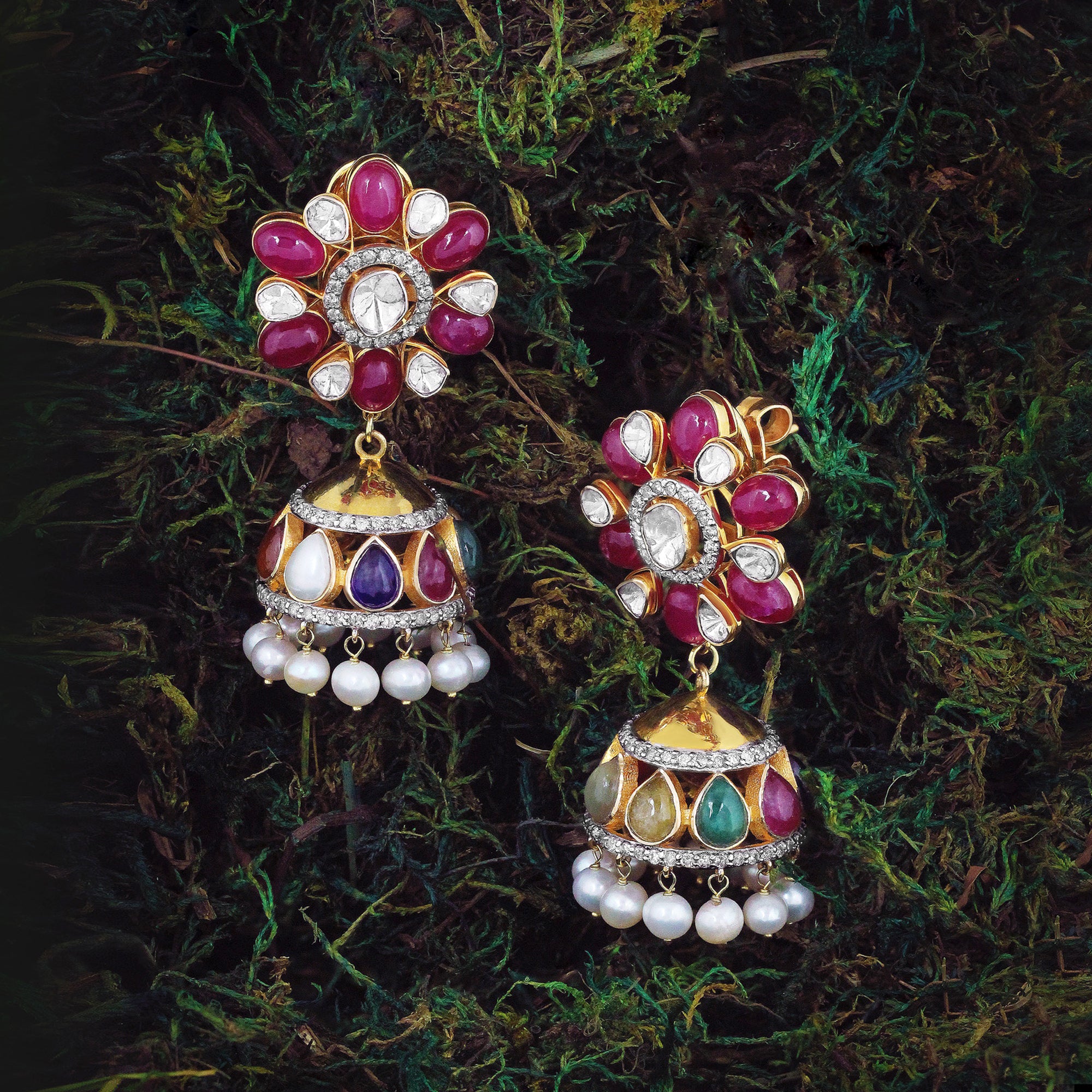 Navratna Jadau Kundan Jhumka Earrings
