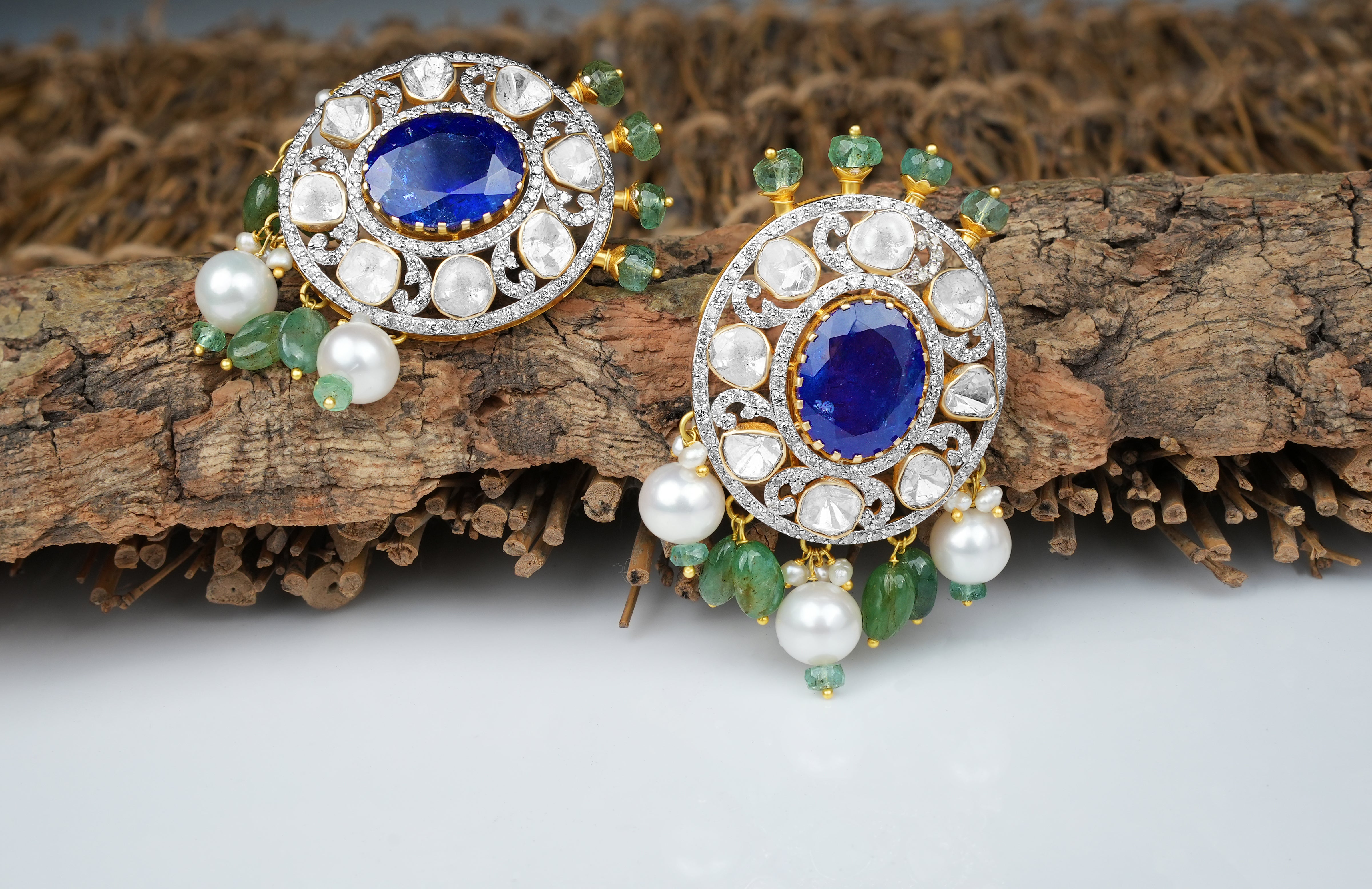 Royal Polki & Sapphire Pearl Drop Earrings