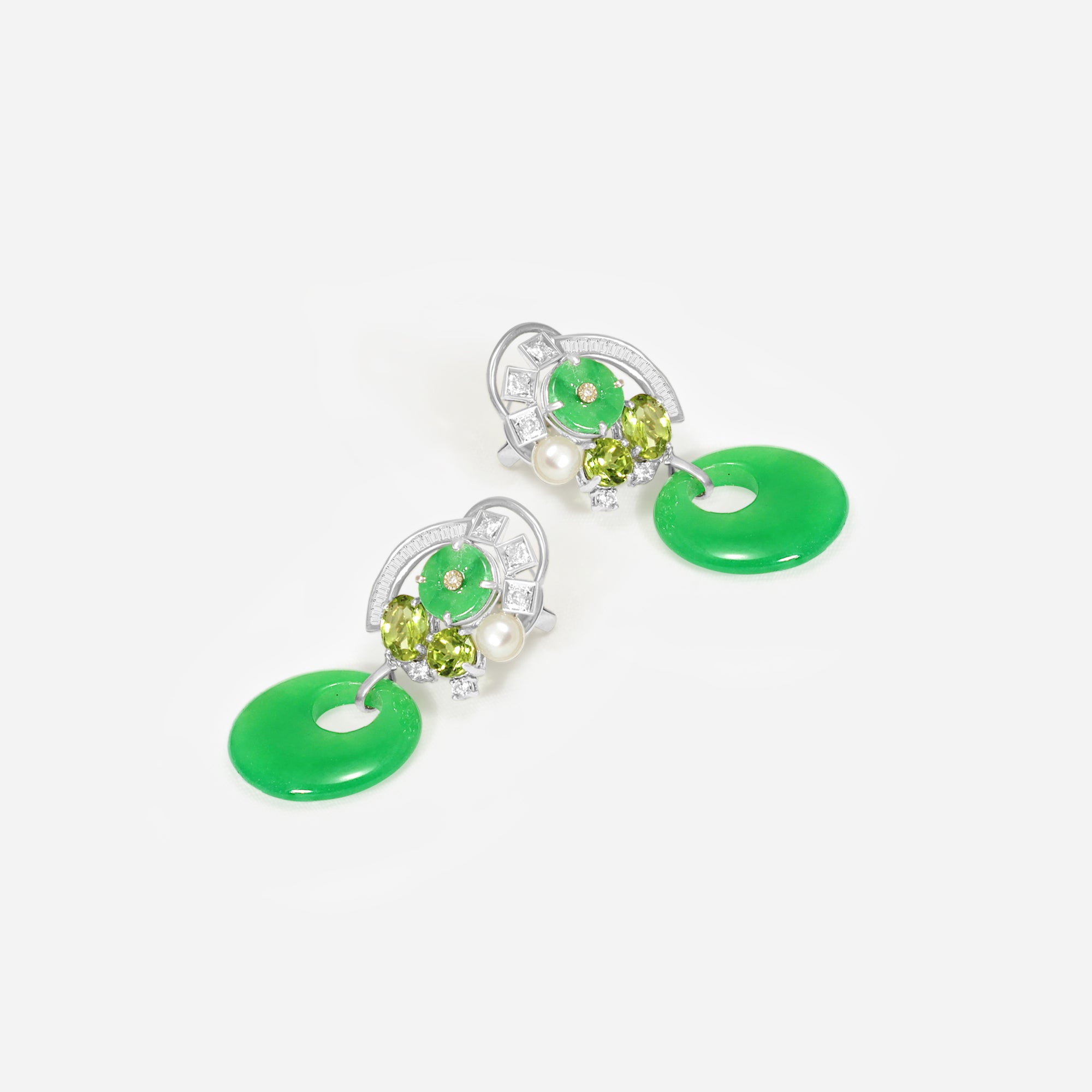 Green Jade & Diamond Floral Drop Earrings