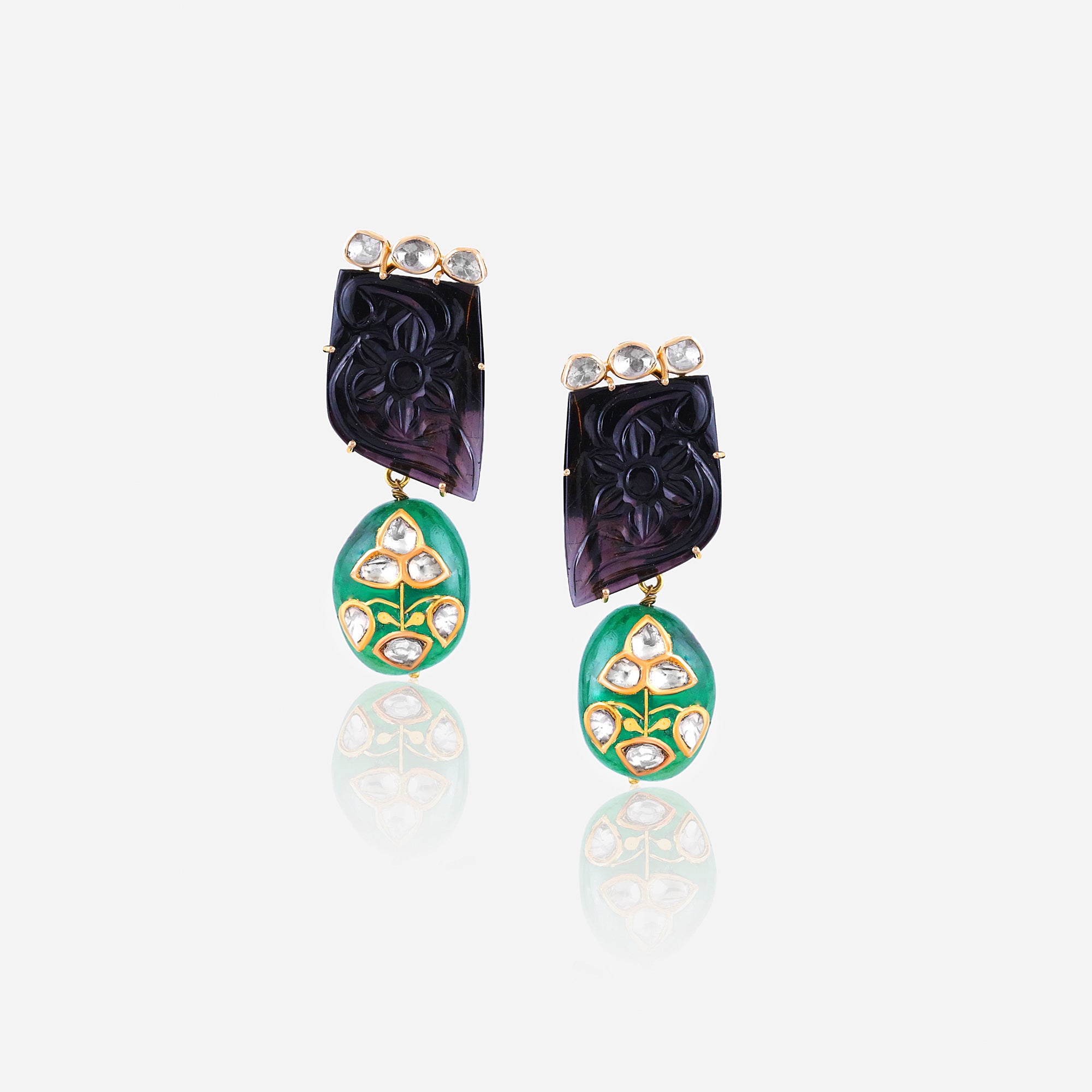Carved Amethyst & Enamel Floral Earrings