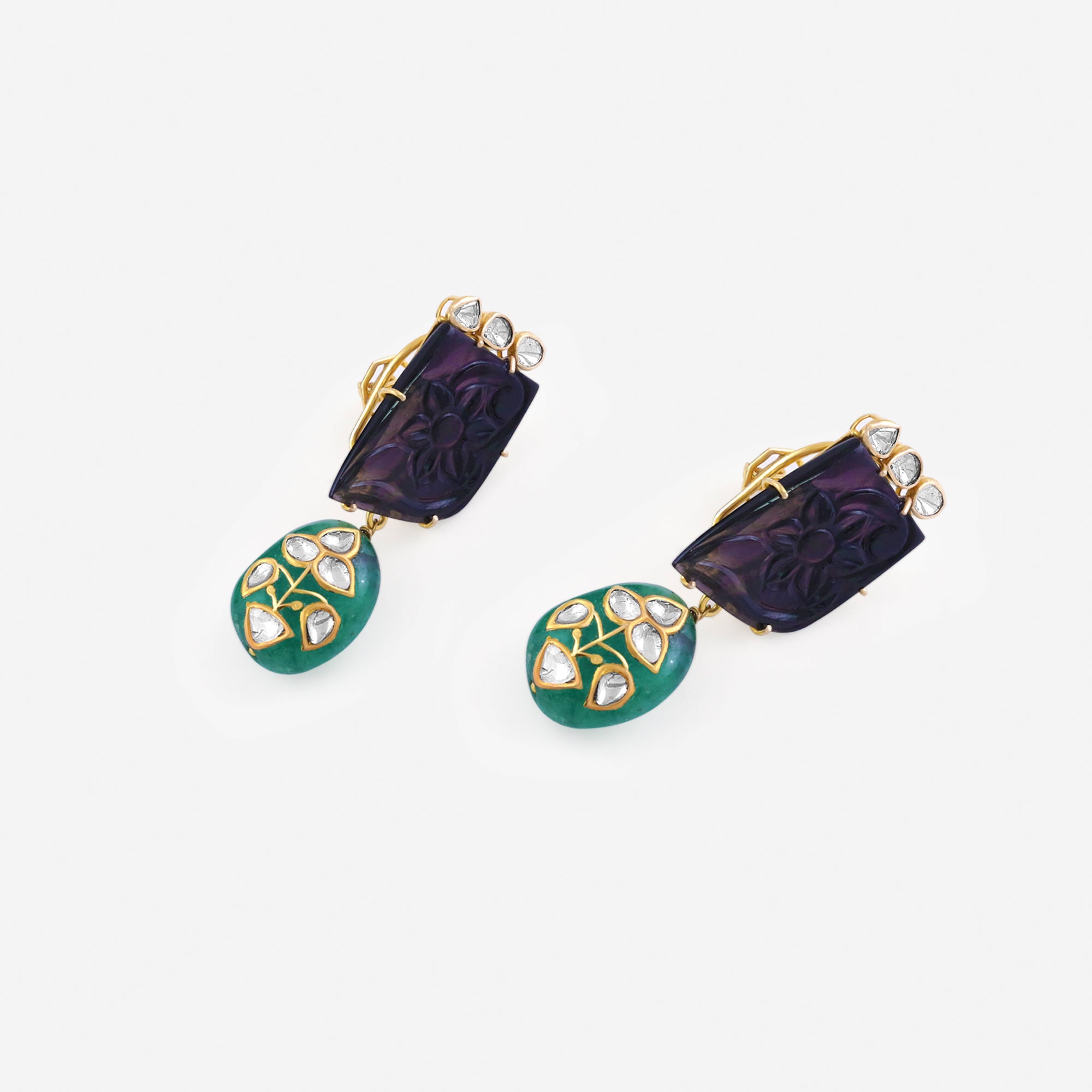 Carved Amethyst & Enamel Floral Earrings