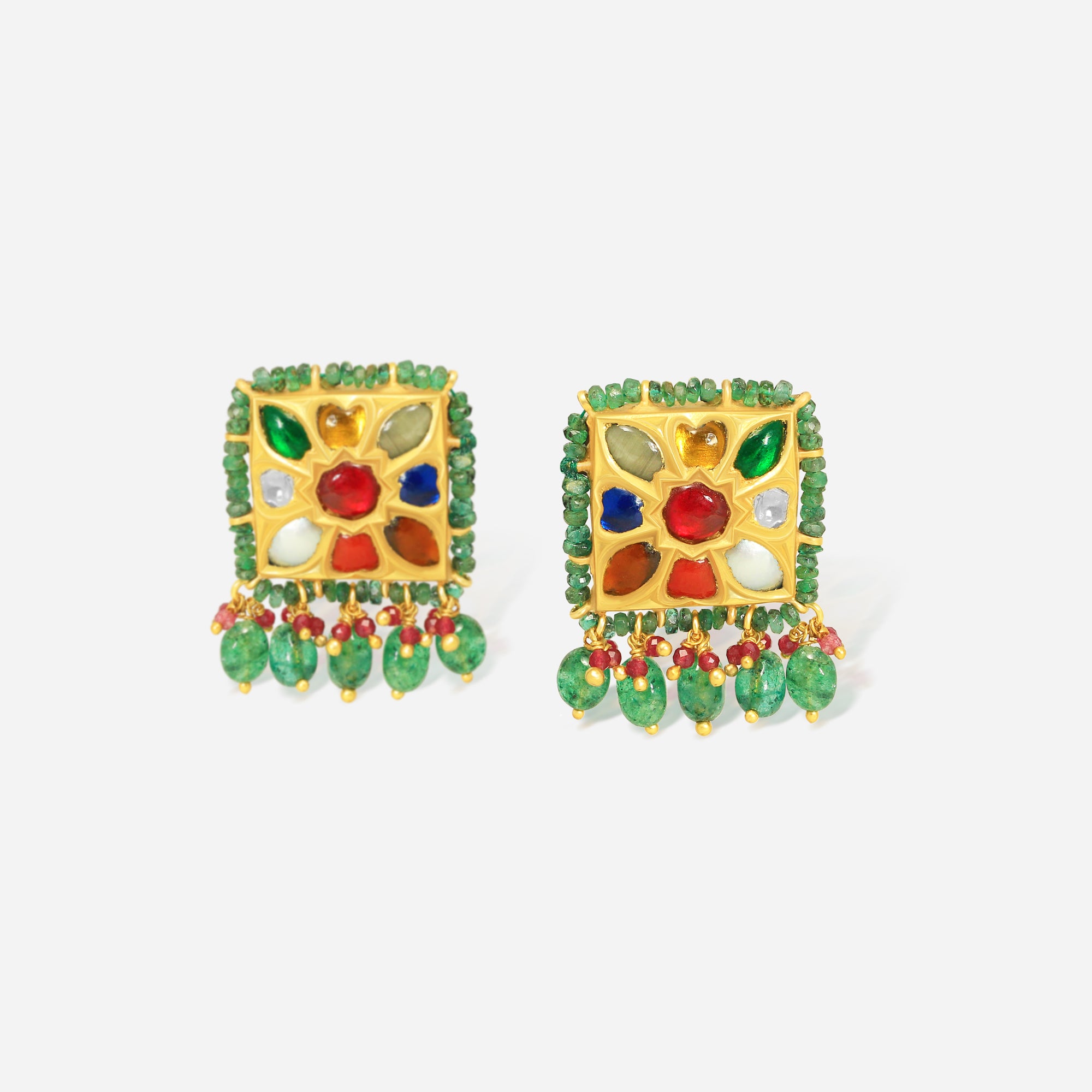 Navratna Emerald Square Earrings